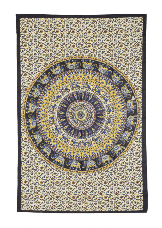 Sanu Babu Přehoz na postel s tiskem, černo-žlutý, sloni a jeleni, mandala, 130x210cm