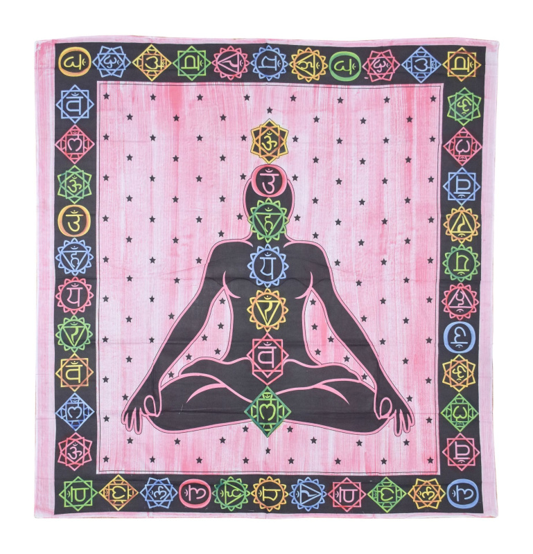 Sanu Babu Přehoz na postel růžový s černým potiskem Chakra Yoga 210x240cm