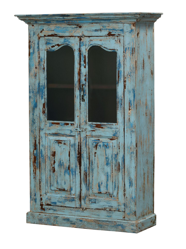 Sanu Babu Prosklená skříň z teakového dřeva, tyrkysová patina, 111x43x168cm