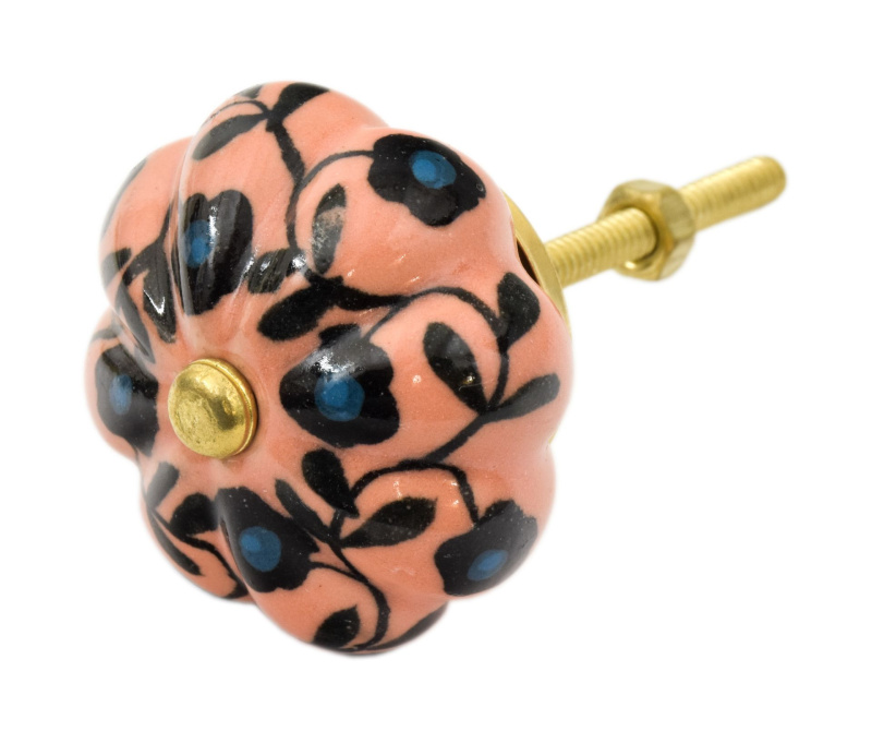 Sanu Babu Malovaná porcelánová úchytka na šuplík, oranžová s černými květy
