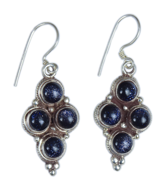 Sanu Babu Stříbrné visací náušnice vykládané černým slunečním kamenem, 40mm, AG 925/1000 Stříbrná