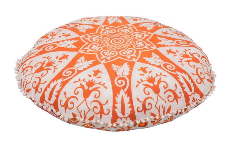 Sanu Babu Meditační polštář, kulatý, 80x10cm, Mandala, oranžovo-bílý