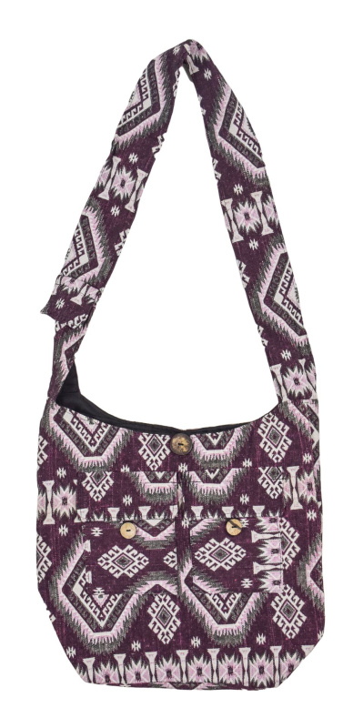 Sanu Babu Taška přes rameno fialovo-bílá s Azteckým vzorem na zip 40x36cm, 2 přední kapsy