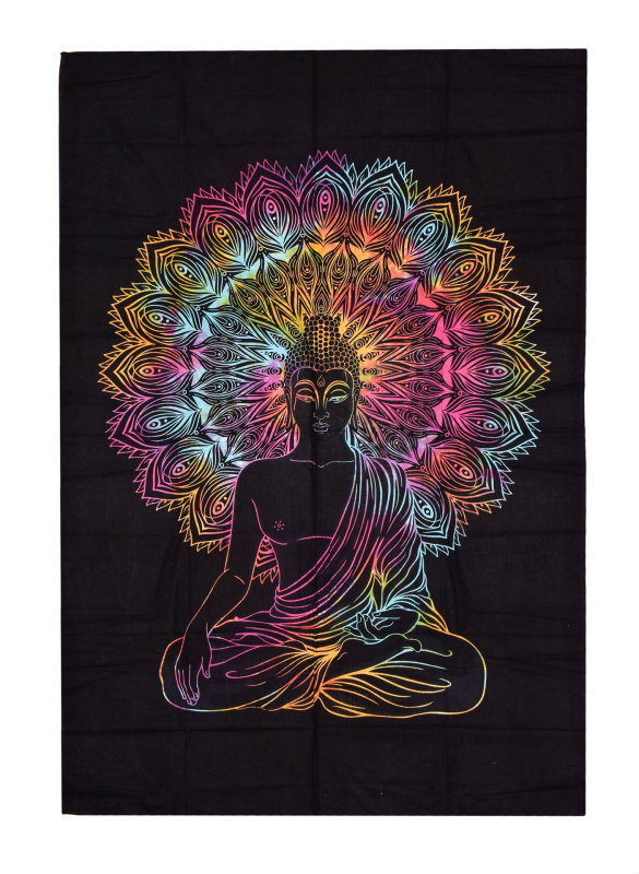 Sanu Babu Přehoz s tiskem buddhy, černý a batikovaný podklad 130x210cm