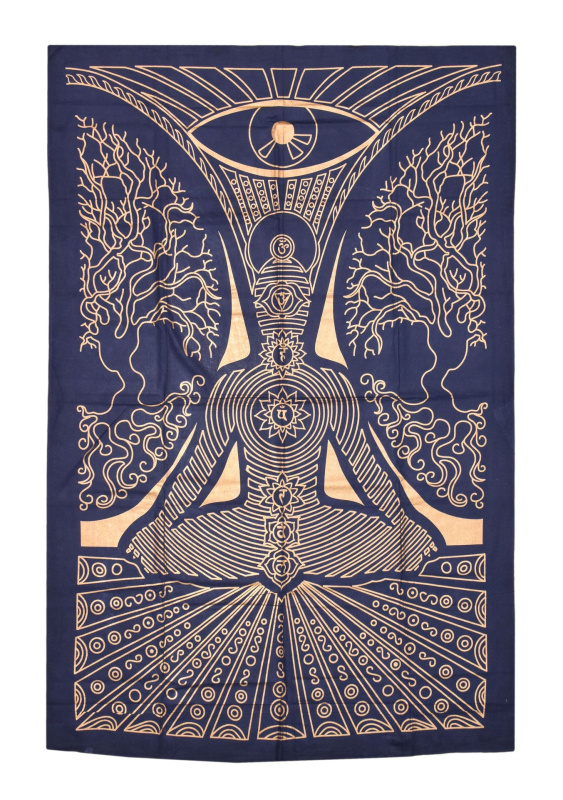 Sanu Babu Přehoz s tiskem Yoga a čakry, modro-zlatý 130x210cm
