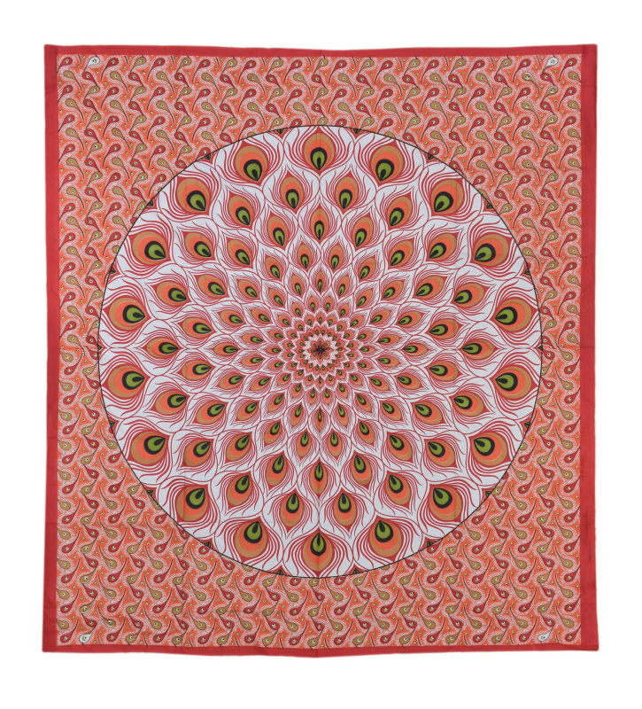 Sanu Babu Přehoz na postel, potisk Mandaly z pavích per , červený 210x230cm