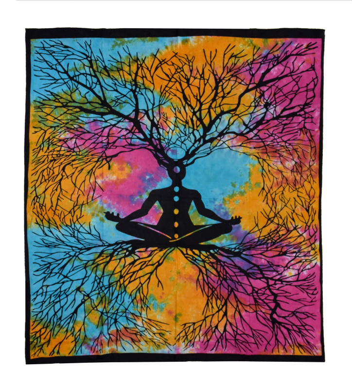 Sanu Babu Přehoz na postel s potiskem Yoga a čakry, barevná batika 210x230cm