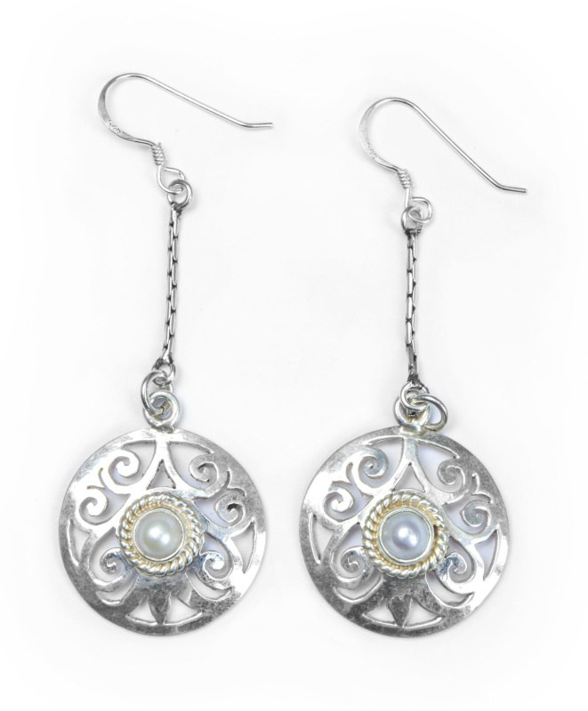 Sanu Babu Stříbrné visací náušnice vykládané perlou 60mm, AG 925/1000 Stříbrná