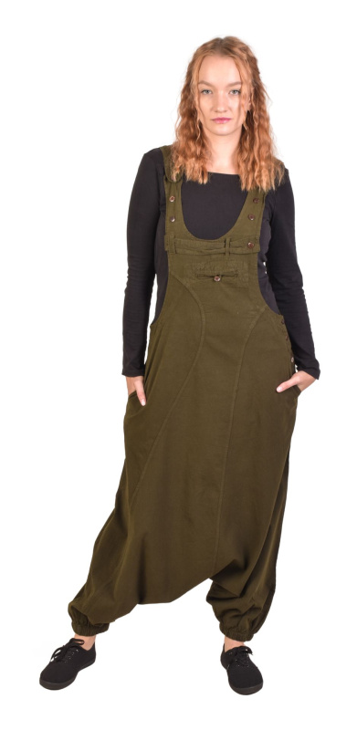 Sanu Babu Turecké kalhoty s laclem, khaki zelené, velmi nízký sed, kapsy a knoflíčky L/XL , Zelená
