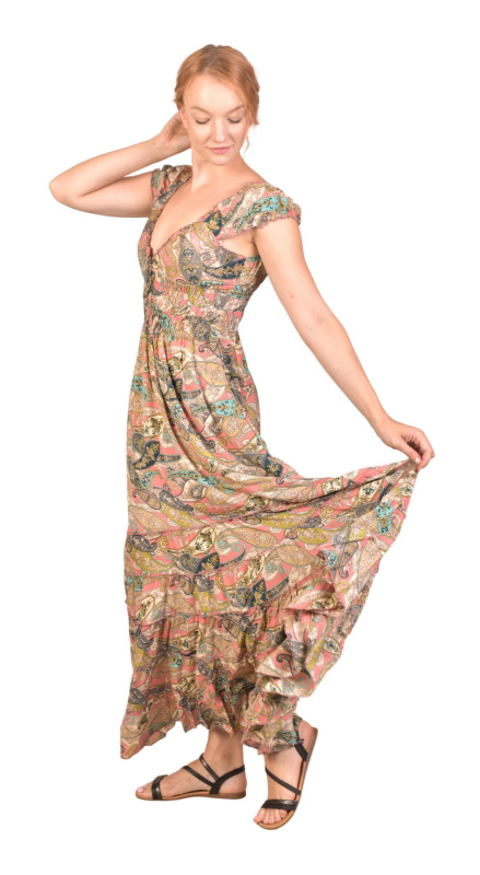 Sanu Babu Dlouhé barevné šaty s volány, žabičkování v pase, paisley potisk FREE , Růžová