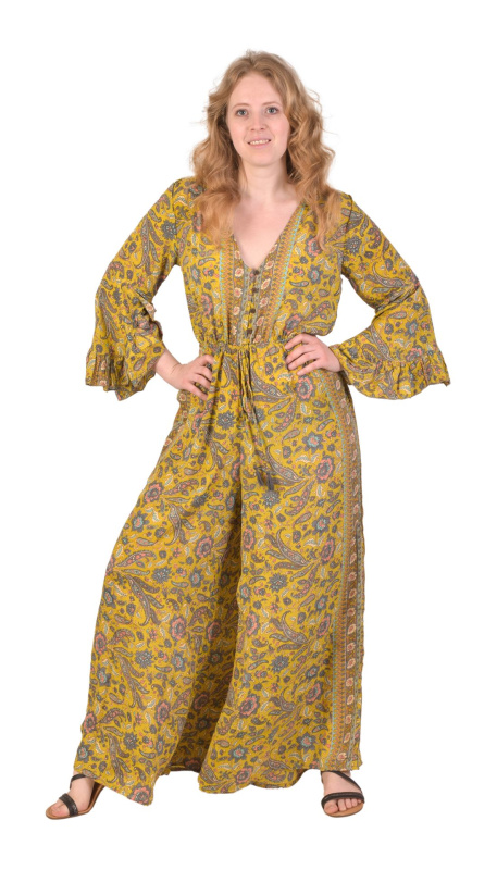 Sanu Babu Dlouhý overal s tříčtvrtečním rukávem, kapsy a šňůrka v pase, potisk FREE , Zelená