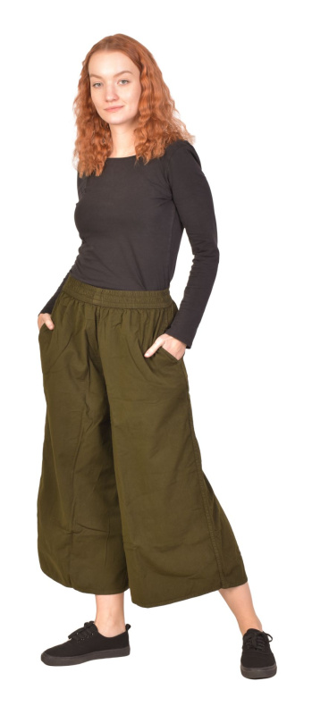 Sanu Babu Pohodlné volné khaki zelené tříčtvrteční kalhoty, guma v pase a kapsy S/M , Zelená