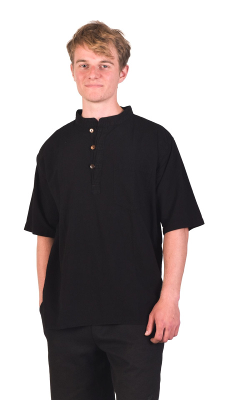 Sanu Babu Černá pánská košile-kurta s krátkým rukávem a kapsičkou, 3 knoflíky XL , Černá