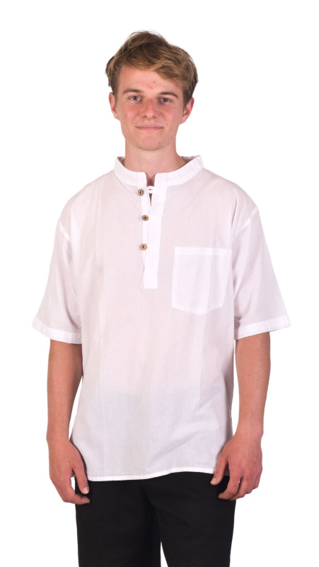 Sanu Babu Bílá pánská košile-kurta s krátkým rukávem a kapsičkou, 3 knoflíky M , Bílá
