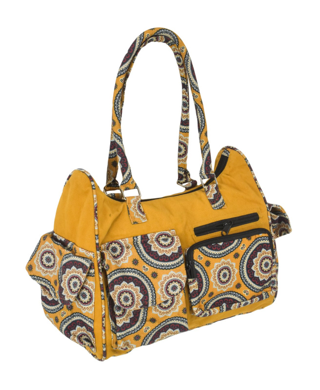 Sanu Babu Žlutá bavlněná kabelka s potiskem mandal, na zip, 34x17x27cm + 25cm ucha