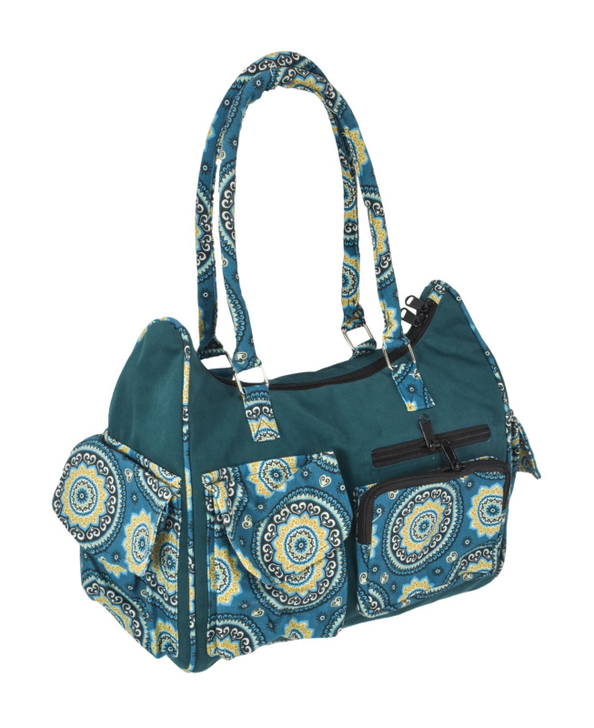 Sanu Babu Modrá bavlněná kabelka s potiskem mandal, na zip, 34x17x27cm + 25cm ucha