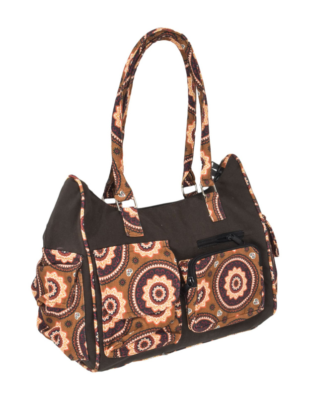 Sanu Babu Hnědá bavlněná kabelka s potiskem mandal, na zip, 34x17x27cm + 25cm ucha