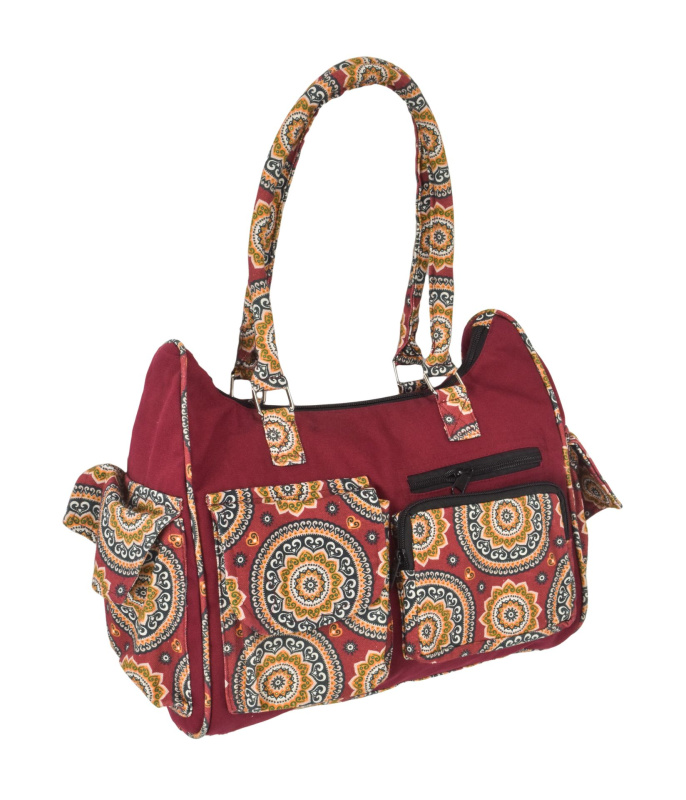 Sanu Babu Vínová bavlněná kabelka s potiskem mandal, na zip, 34x17x27cm + 25cm ucha