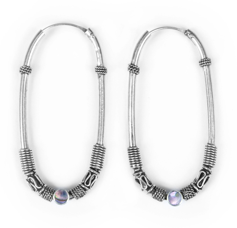 Sanu Babu Stříbrné oválné náušnice zdobené s Paua perletí 47mm, AG 925/1000, 6g, Nepál Stříbrná