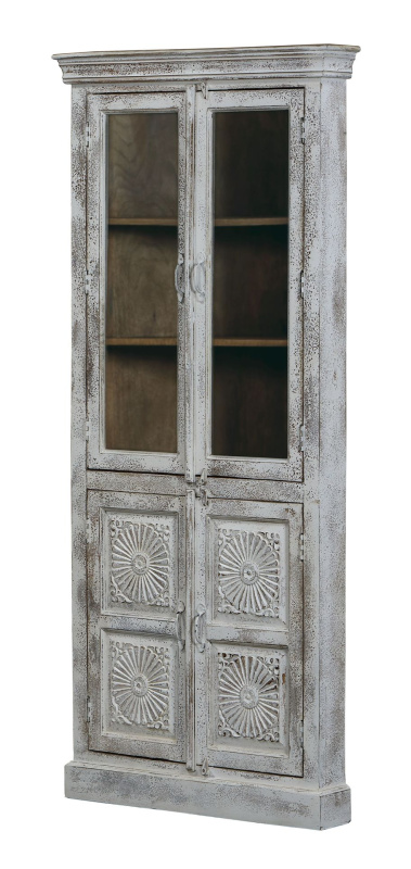 Sanu Babu Prosklená rohová skříň z mangového dřeva, ruční řezby, 92x58x204cm