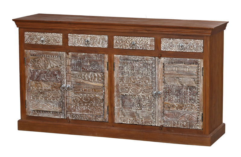 Sanu Babu Komoda z teakového dřeva, ruční řezby, 176x45x95cm