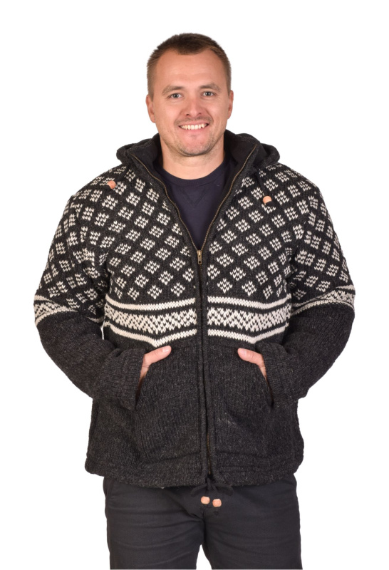 Sanu Babu Pánský vlněný svetr, černý s bílým vzorem XXL