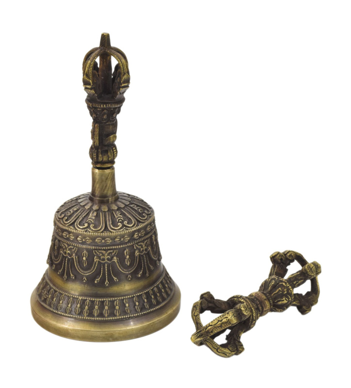 Sanu Babu Tibetský zvon a dorje, mosazná barva, ornament, 14cm