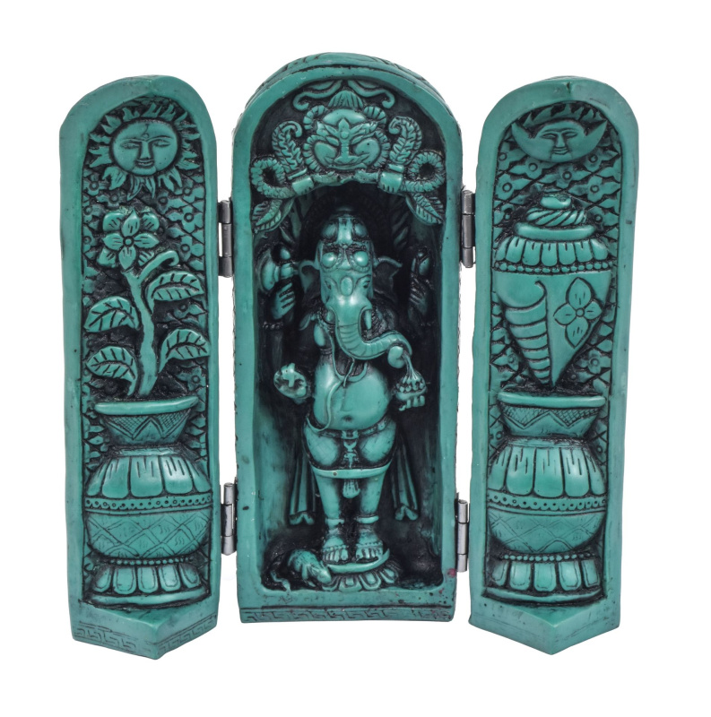 Sanu Babu Ganesh, cestovní oltář, pryskyřice, tyrkysová patina, 21 cm