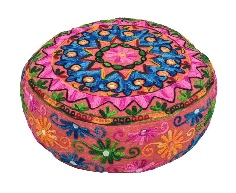 Sanu Babu Meditační polštář, ručně vyšívaný Kashmir Floral Design, kulatý 40x12cm (YC)