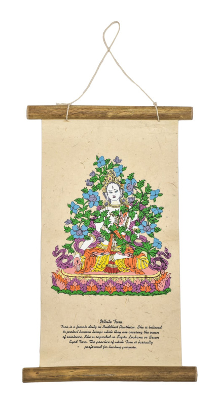 Sanu Babu Barevný tisk na svitku z ručního papíru, White Tara, 33x20cm