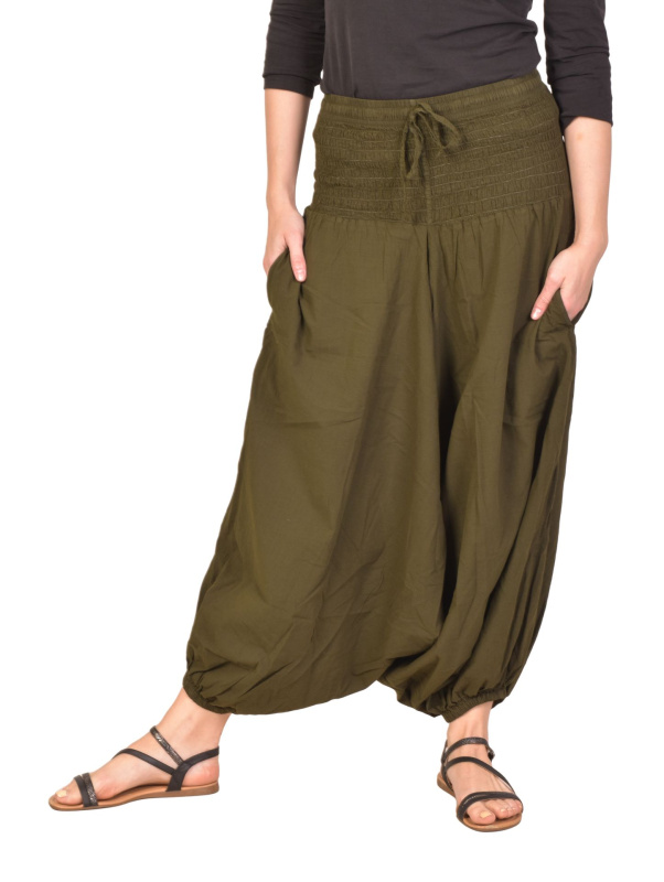 Sanu Babu Turecké kalhoty bavlněné, khaki zelené, kapsy, guma a žabičkování v pase L/XL , Zelená