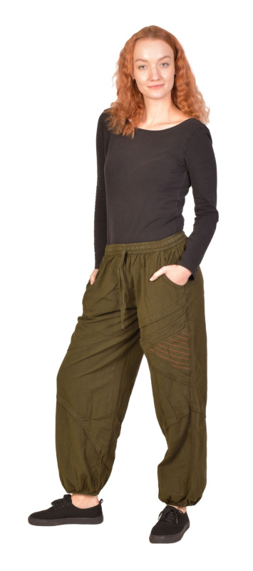Sanu Babu Unisex balonové kalhoty bavlněné, khaki zelená, kapsy, guma a šňůrka v pase L/XL , Zelená