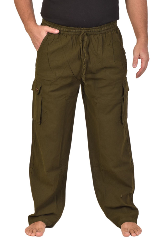 Sanu Babu Bavlněné khaki kalhoty, boční kapsy, guma a šňůrka v pase L/XL , Zelená