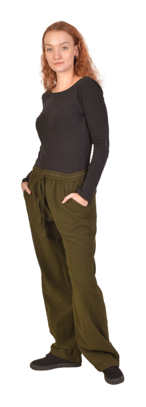 Sanu Babu Unisex volné kalhoty bavlněné khaki zelené, kapsy, guma a šňůrka v pase XL , Zelená