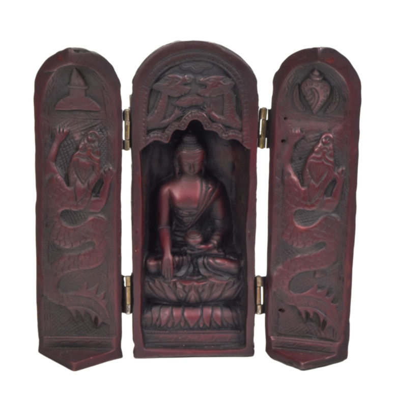 Sanu Babu Buddha, cestovní oltář, červeno hnědý, pryskyřice, 21cm