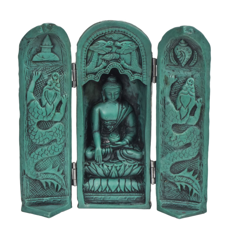Sanu Babu Buddha, cestovní oltář, tyrkysový, pryskyřice, 21cm