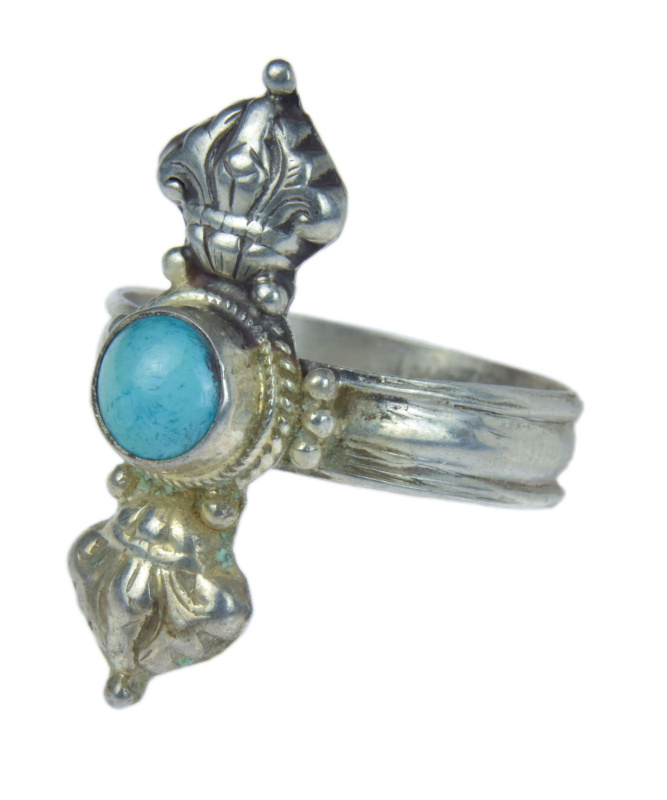 Sanu Babu Stříbrný prsten vykládaný tyrkenitem, tvar Dorje, AG 925/1000, 3g, Nepál 58 , Stříbrná