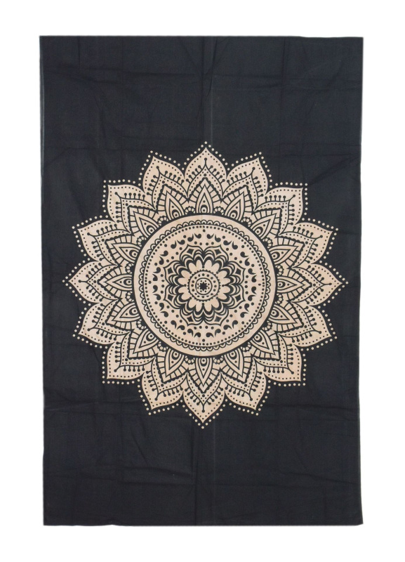 Sanu Babu Přehoz na postel s potiskem květinové mandaly, černo-béžová, 130x200cm