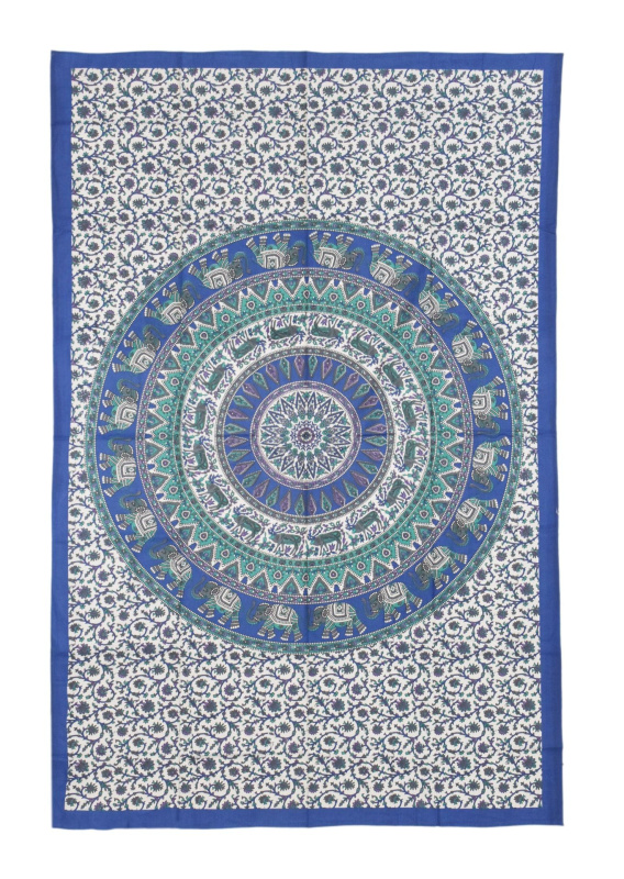 Sanu Babu Přehoz na postel s tiskem, modro-černý, sloni a jeleni, mandala, 130x210cm (6F)