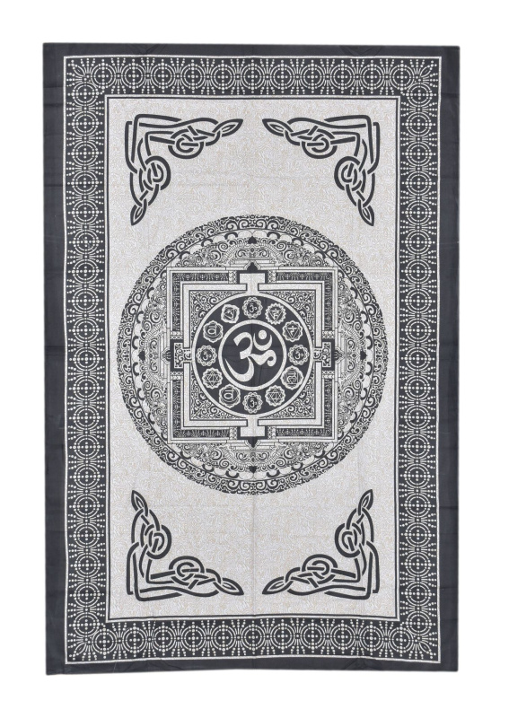 Sanu Babu Přehoz na postel s potiskem Mandala Óm, béžový a černý tisk, 140x202cm