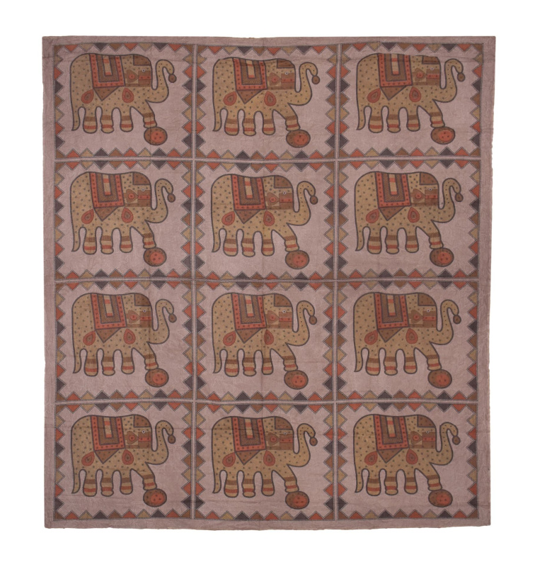 Sanu Babu Přehoz na postel se slony, hnědo-oranžový, tištěný patchwork 220x202cm