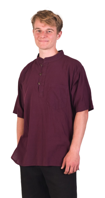 Sanu Babu Vínová pánská košile-kurta s krátkým rukávem a kapsičkou, 3 knoflíky L