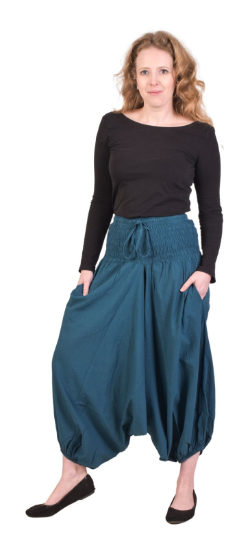 Sanu Babu Unisex turecké kalhoty bavlněné, petrolejově modré, kapsy, guma a žabičkování v L/XL , Modrá