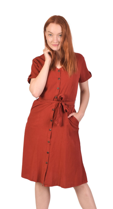 Sanu Babu Červené šaty s krátkým rukávem, midi délka, kapsy, propínací s páskem S/M , Červená