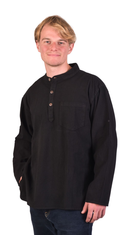 Sanu Babu Černá pánská košile-kurta s dlouhým rukávem a kapsičkou, 3 knoflíky (1A) L , Černá