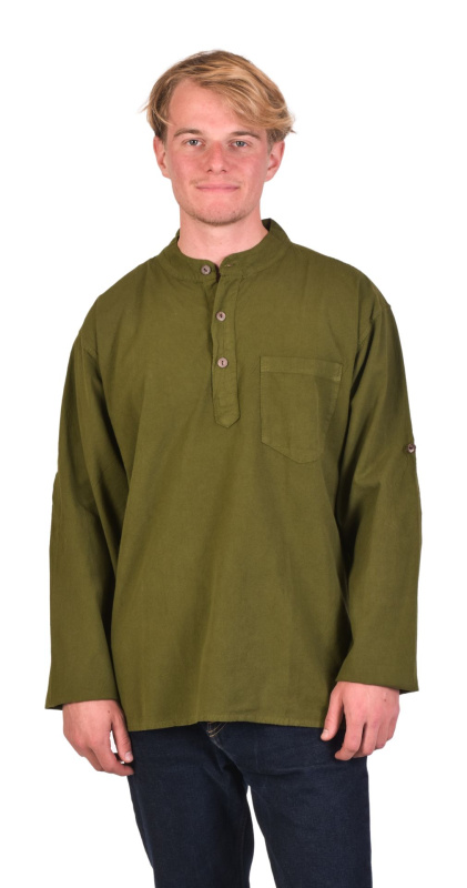 Sanu Babu Khaki zelená pánská košile-kurta s dlouhým rukávem a kapsičkou, 3 knoflíky (1F) L , Zelená