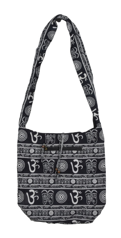 Sanu Babu Černá taška přes rameno s potiskem mantry, kapsy, zip, 39x40cm