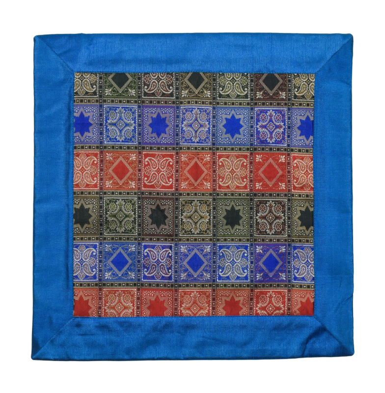 Sanu Babu Modrý saténový povlak na polštář s výšivkou, zip, 40x40cm