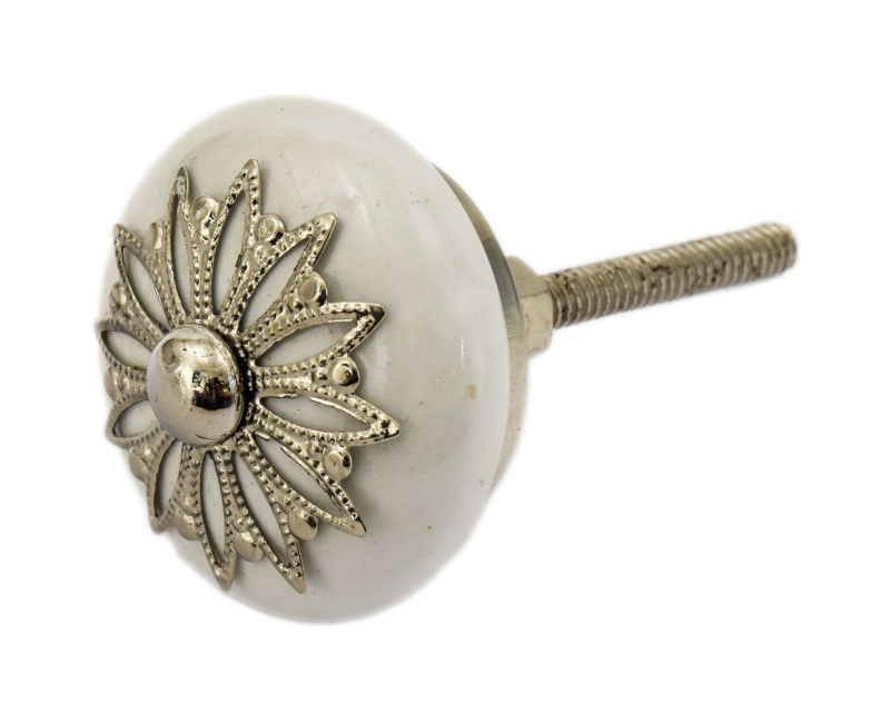 Sanu Babu Porcelánová úchytka na šuplík, zdobená kovem, bílá (0E)