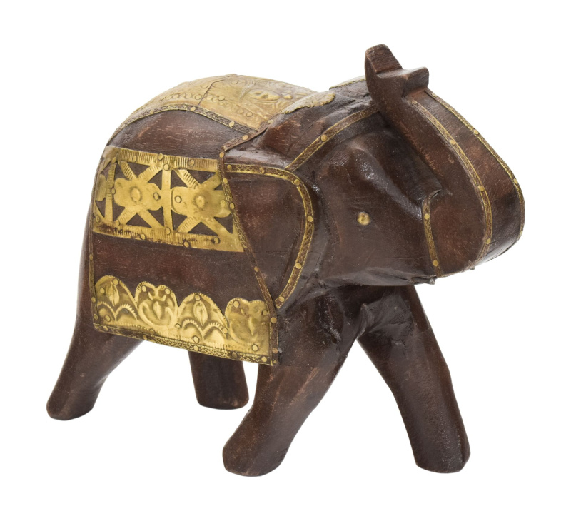 Sanu Babu Dřevěný slon, zdobený mosazí, 21cm (4B)